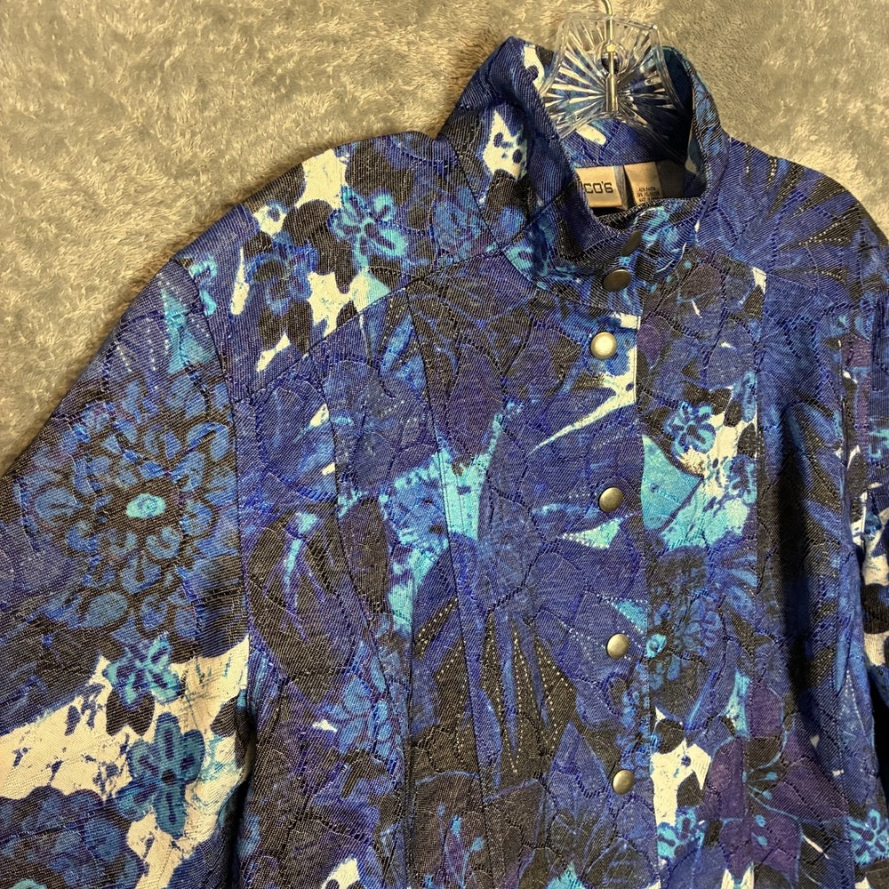 Chicos Womens Muted Watercolor Floral Snap Jacket 2-L Sheer Abstract Artsy Blue